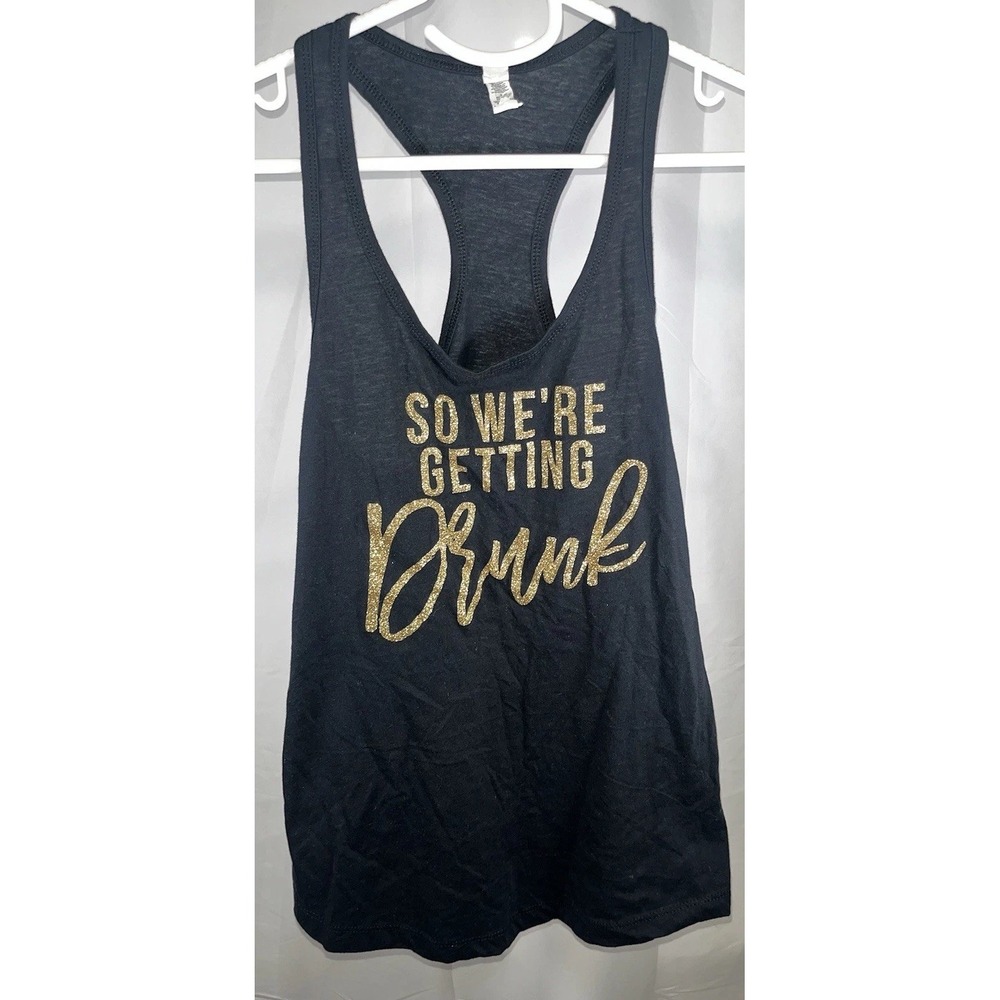 Next Level So We're Getting Drunk Glitter Tank Top Black Gold Party Medium